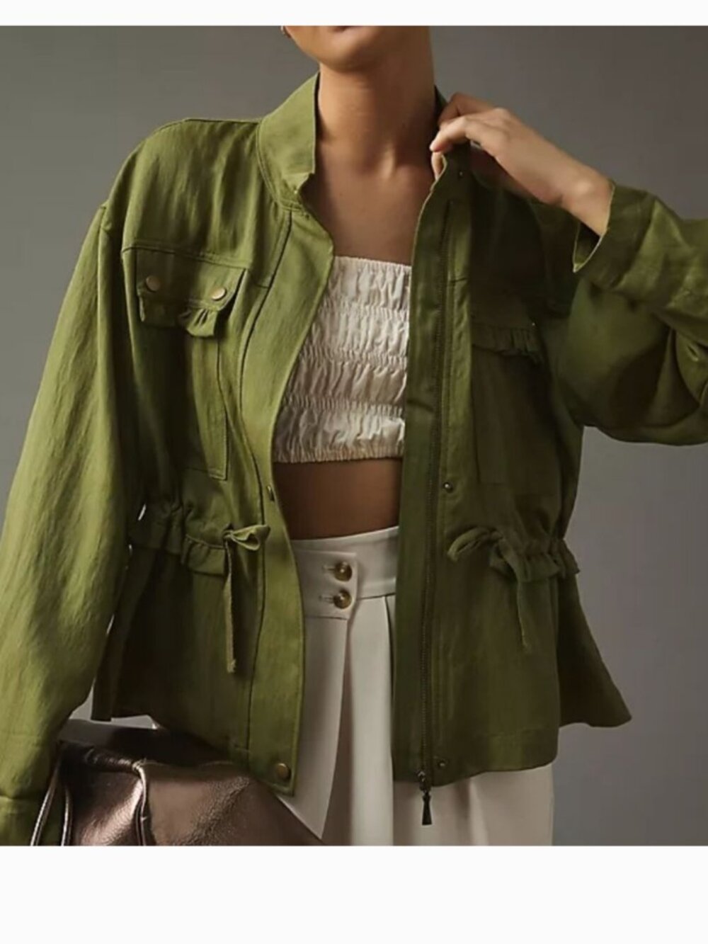 Anthropologie green utility jacket S ruffled